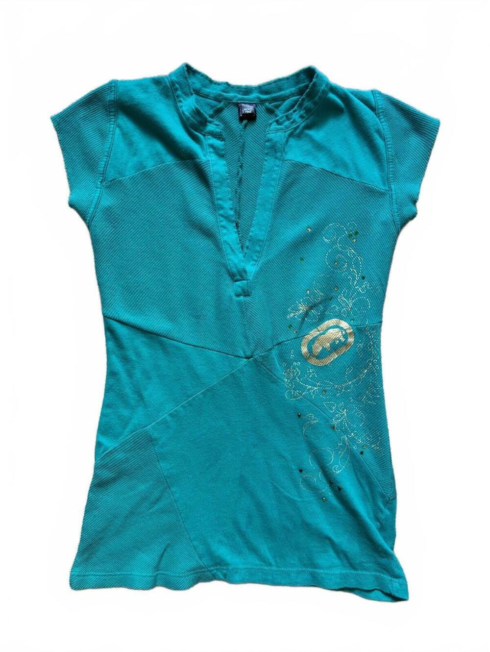 Ecko Red Tunic Top Womens Size S Teal Split V-Neck Rhinestone Logo